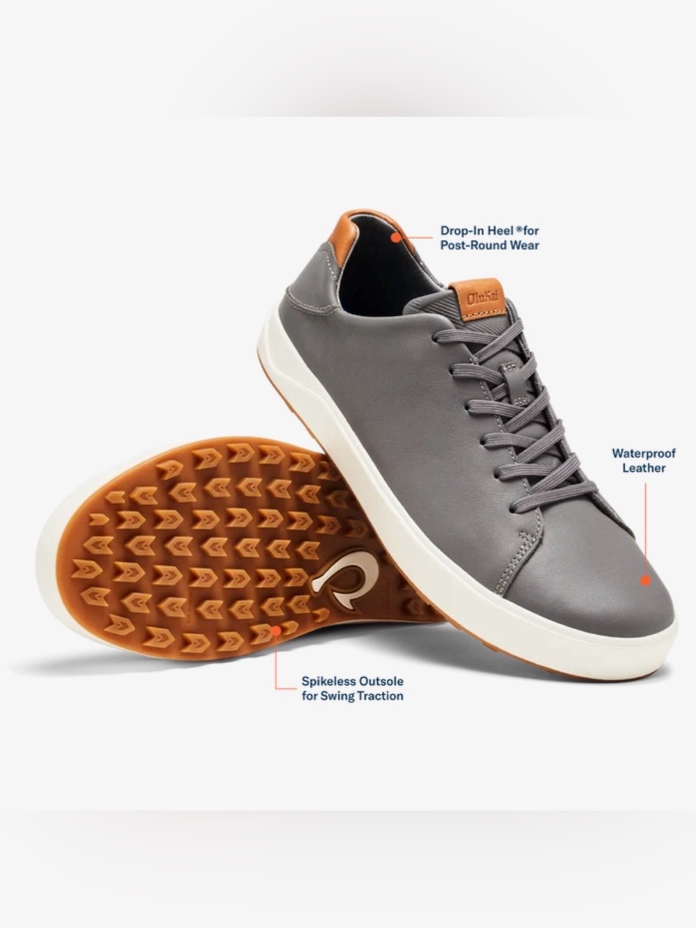 OluKai Wai‘alae Men’s Leather Golf Shoes – Stone/Stone – Size 10.5